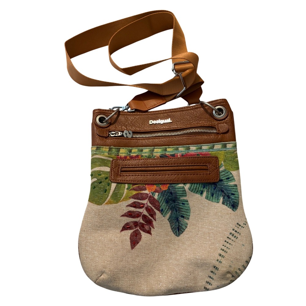Desigual Crossbody Bag Tropical‎ Floral Canvas Brown Faux Leather Beaded Small